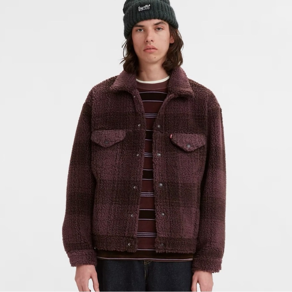 Levi’s Vintage Trucker Relaxed Fit — Sherpa Outer with maroon plaid pattern